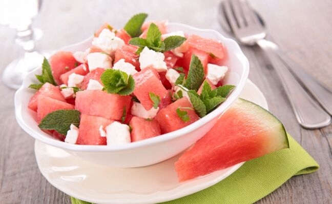 Watermelon salad with cheese and mint in the weekly diet diet with watermelon